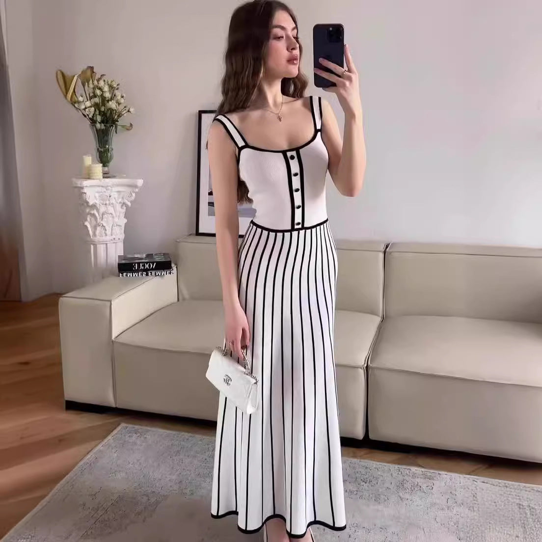 Retro Spaghetti Straps Striped Patchwork Knitting Color Dress