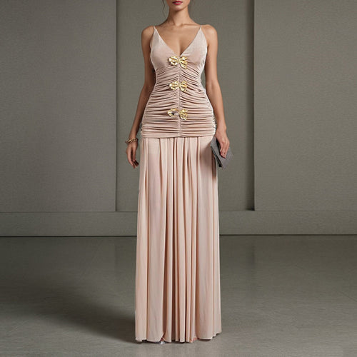 Summer Socialite Cocktail Strap Tube Top Pleated Design Champagne Skirt Set Women