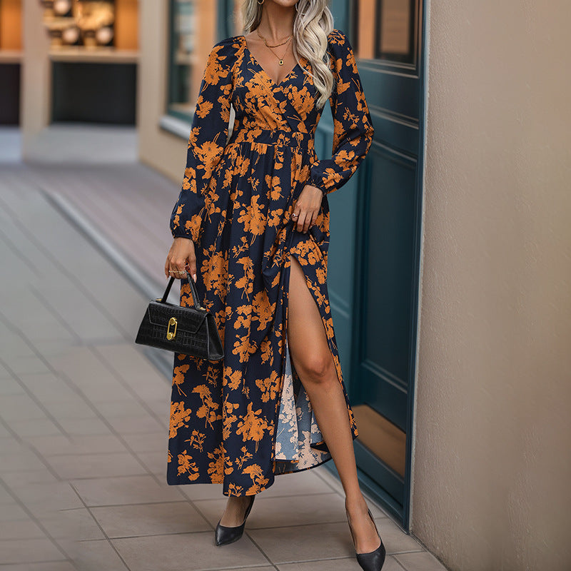 Floral V-Neck Lantern-Sleeve Maxi Dress