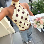 Vest Polka Dot Print Halterneck Vest Women SL Lace up Sexy