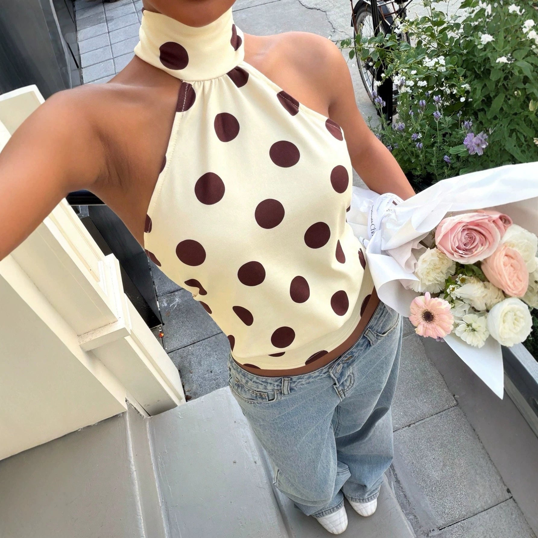 Vest Polka Dot Print Halterneck Vest Women SL Lace up Sexy