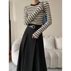 Women's Sinanbo Daily Fashionable Walf Checks Fabric Black Edge Small Round Neck Striped T-Shirt Bottoming Shirt