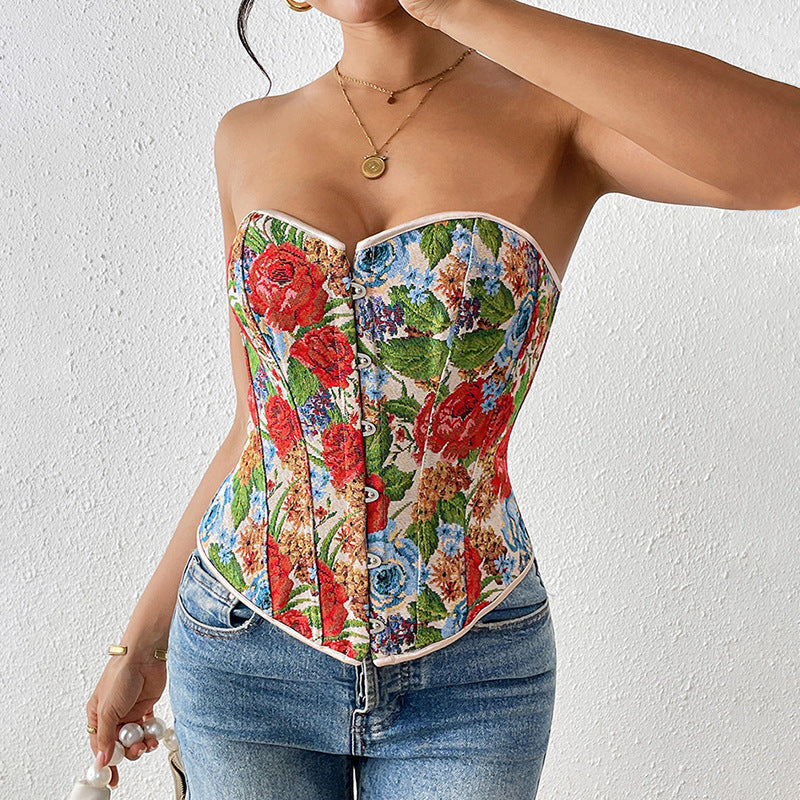 's Short Print French Floral Boning Corset Tube Top Retro Tight