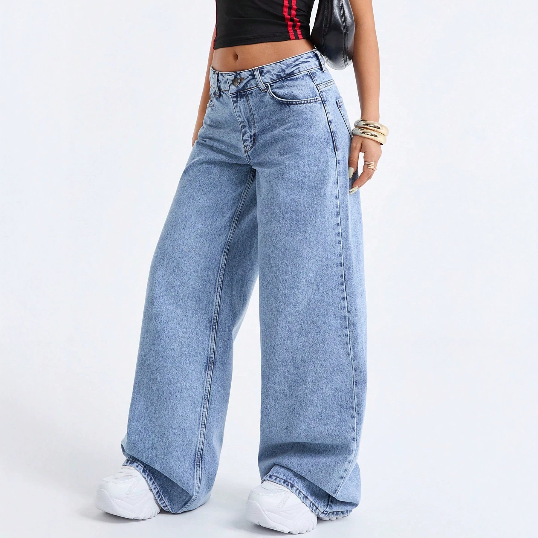 Women Washed Fried Snowflake Loose Wide Leg Jeans Women Jeans