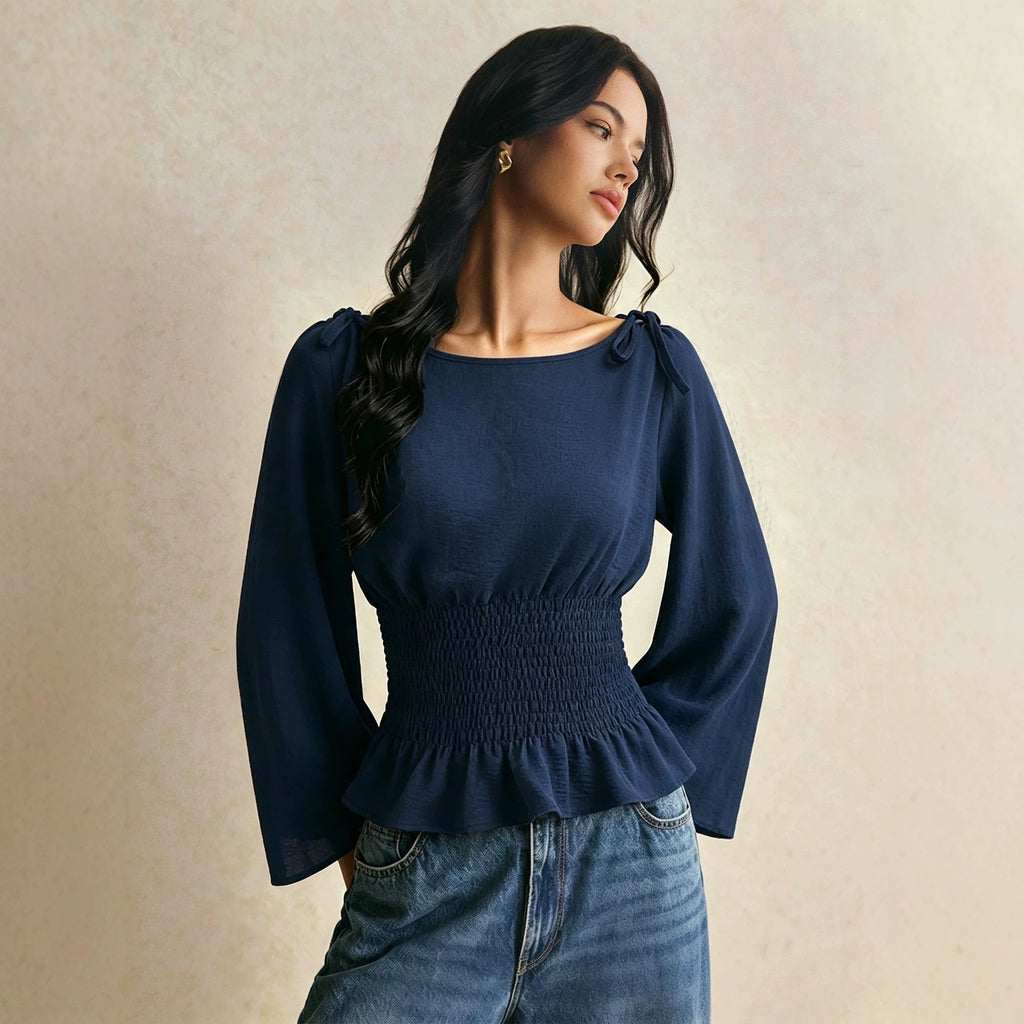 Women's Off-Shoulder Tie-Neck Flared-Sleeve Top
