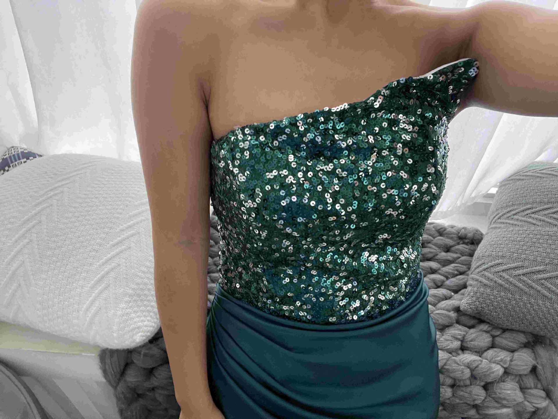 Women's Green Sequined Fairy Wedding Long Long Sleeve One-Piece Mid-Length Evening Dress