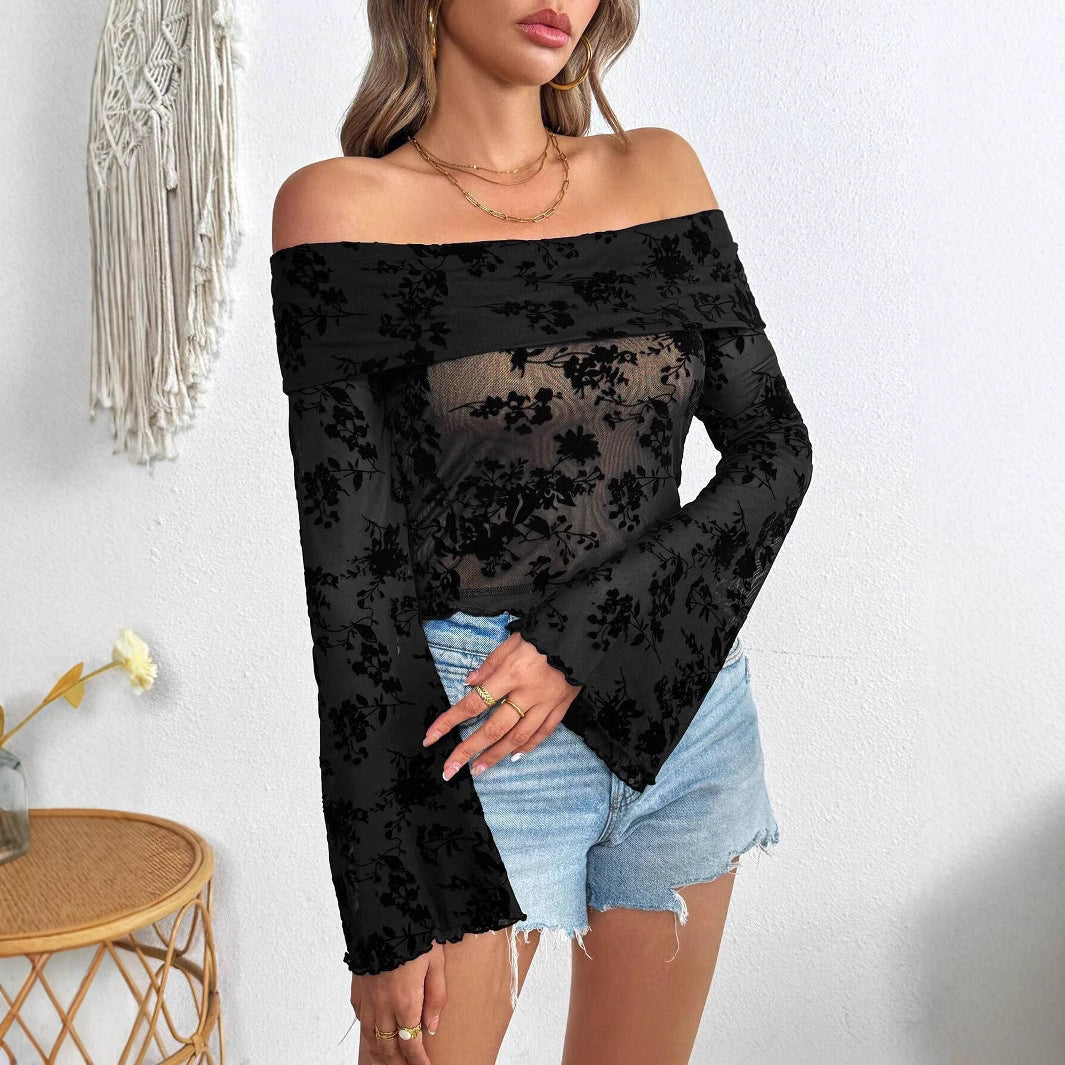 Floral Mesh Knit Off-Shoulder Top