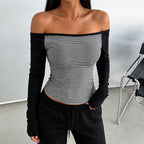 Autumn Winter Contrast Color Striped Long Sleeved Top Basic