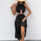 Women's Halter Ruched Patchwork Backless Cutout A-Line Maxi Dress