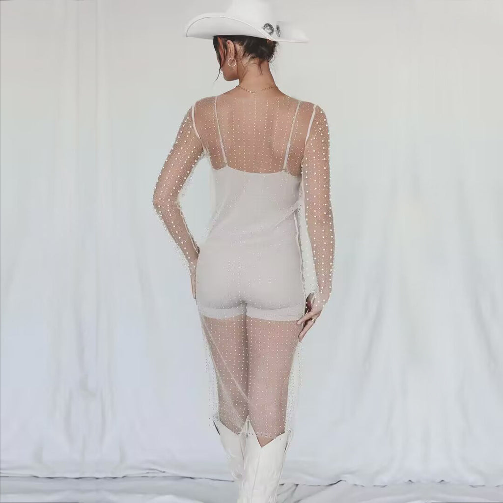 Rhinestone Beaded Mesh Long-Sleeve Split Maxi Dress