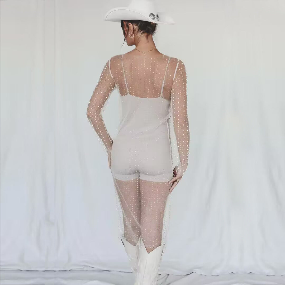Rhinestone Beaded Mesh Long-Sleeve Split Maxi Dress