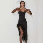 Split Strapless Side Feather Bandage Slim Elastic Party Midi Dress