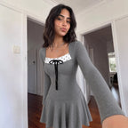 Square Collar Long Sleeve Dress Polka Dot Stitching Neckline Lace up A