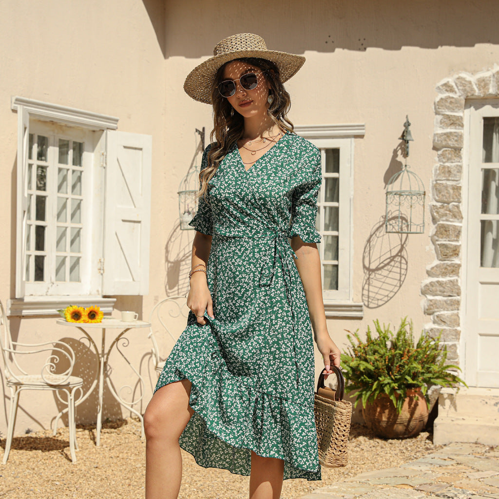 Women's Floral Chiffon V-Neck Beach Midi Dress
