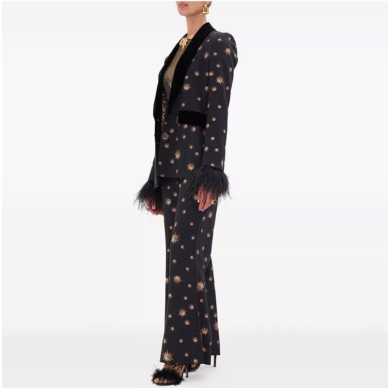Women's Heavy Embroidery Velvet Stitching Feather Blazer Long Sleeved