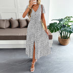 Women's white polka dot maxi dress with V-neck, short sleeves, side slit