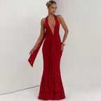 Women's Lace Deep-V Backless Ruched Sheath Maxi Dress