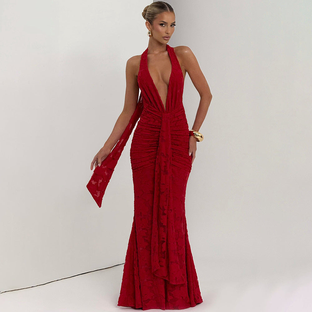 Women's Lace Deep-V Backless Ruched Sheath Maxi Dress