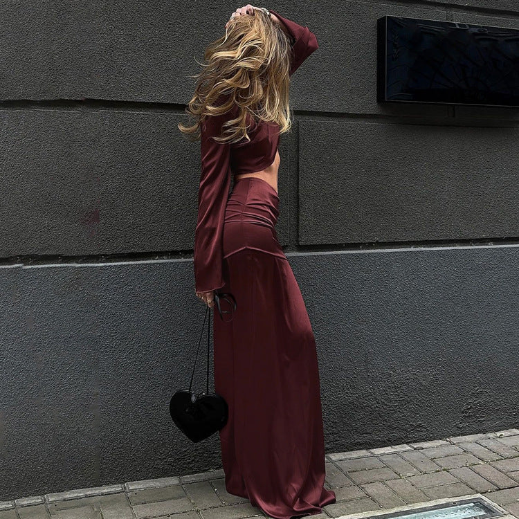 Long Sleeves Cropped Top Satin Draping Skirt
