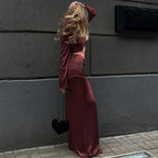 Long Sleeves Cropped Top Satin Draping Skirt