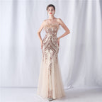 Women's Ostrich Feather Floral Cutting Wedding Strapless Sequin Gauze Dress