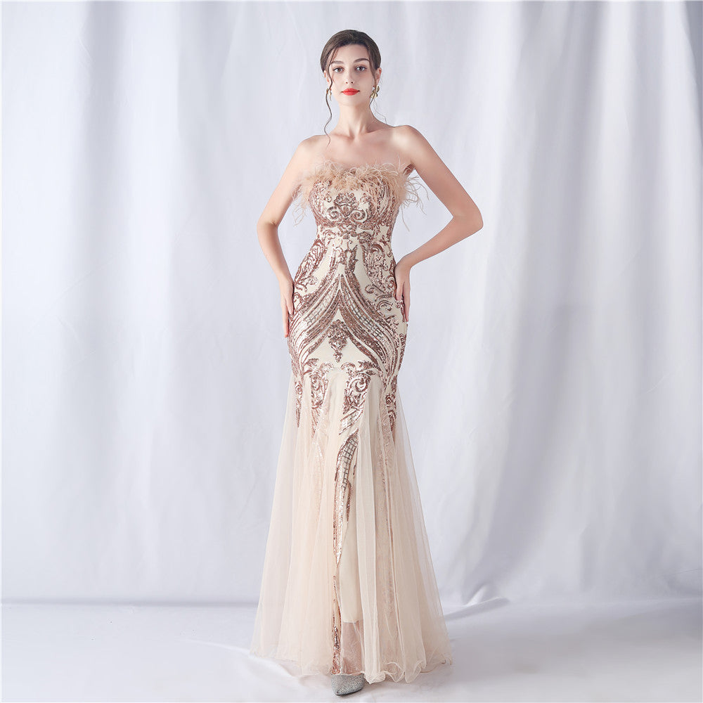 Women's Ostrich Feather Floral Cutting Wedding Strapless Sequin Gauze Dress