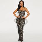 Lace Spaghetti-Strap Backless Bodycon Maxi Dress