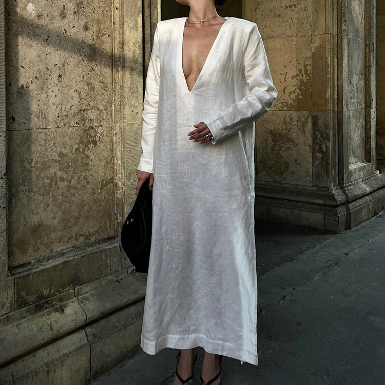 Cotton V Neck Long Sleeve Side Slit
