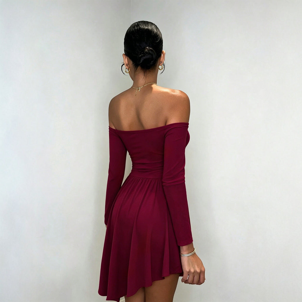 Burgundy off-shoulder long-sleeve dress with ruched back waist and pleated skater skirt