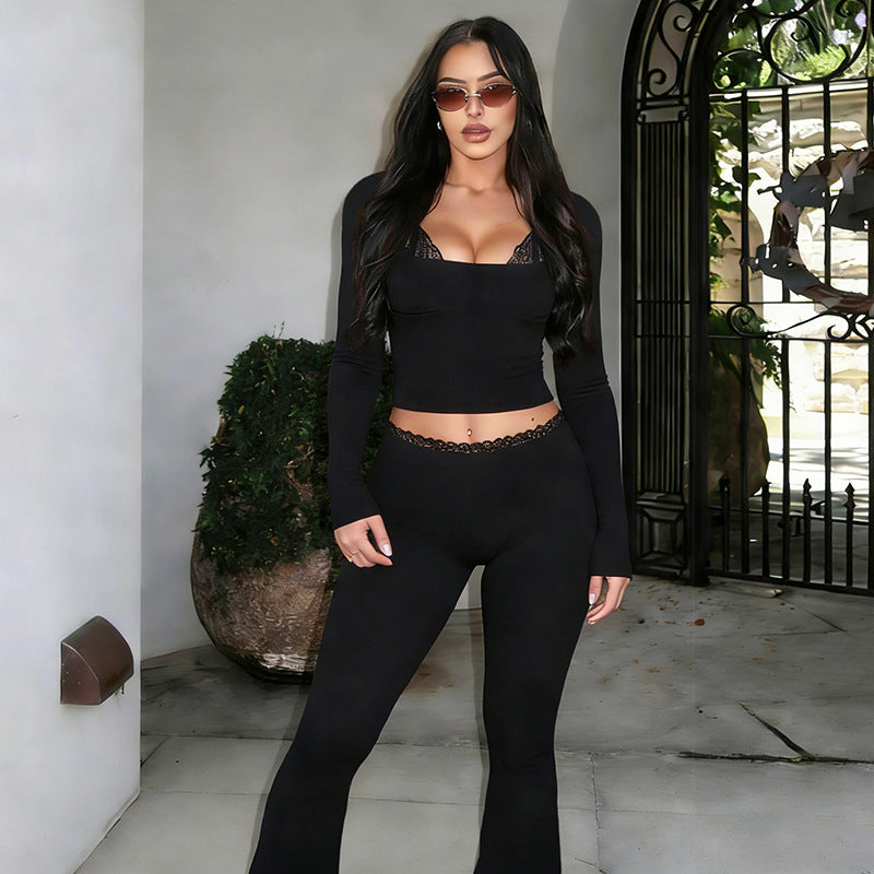 Spring Slim Fit Cropped Top Lace Edge Bootcut Pants Set