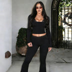 Spring Slim Fit Cropped Top Lace Edge Bootcut Pants Set
