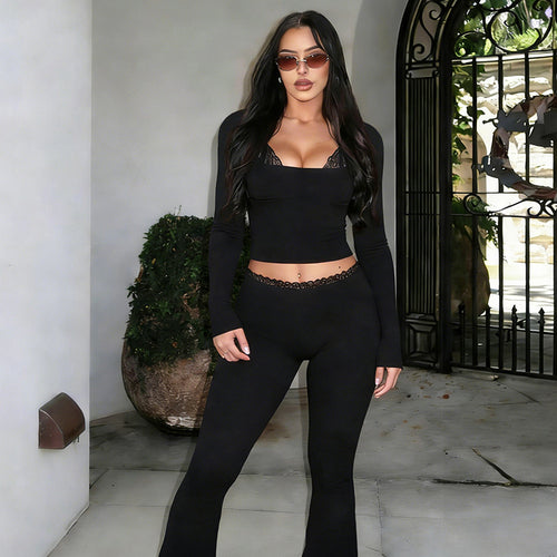 Spring Women Slim Fit Sexy Cropped Top Lace Edge Bootcut Pants Set