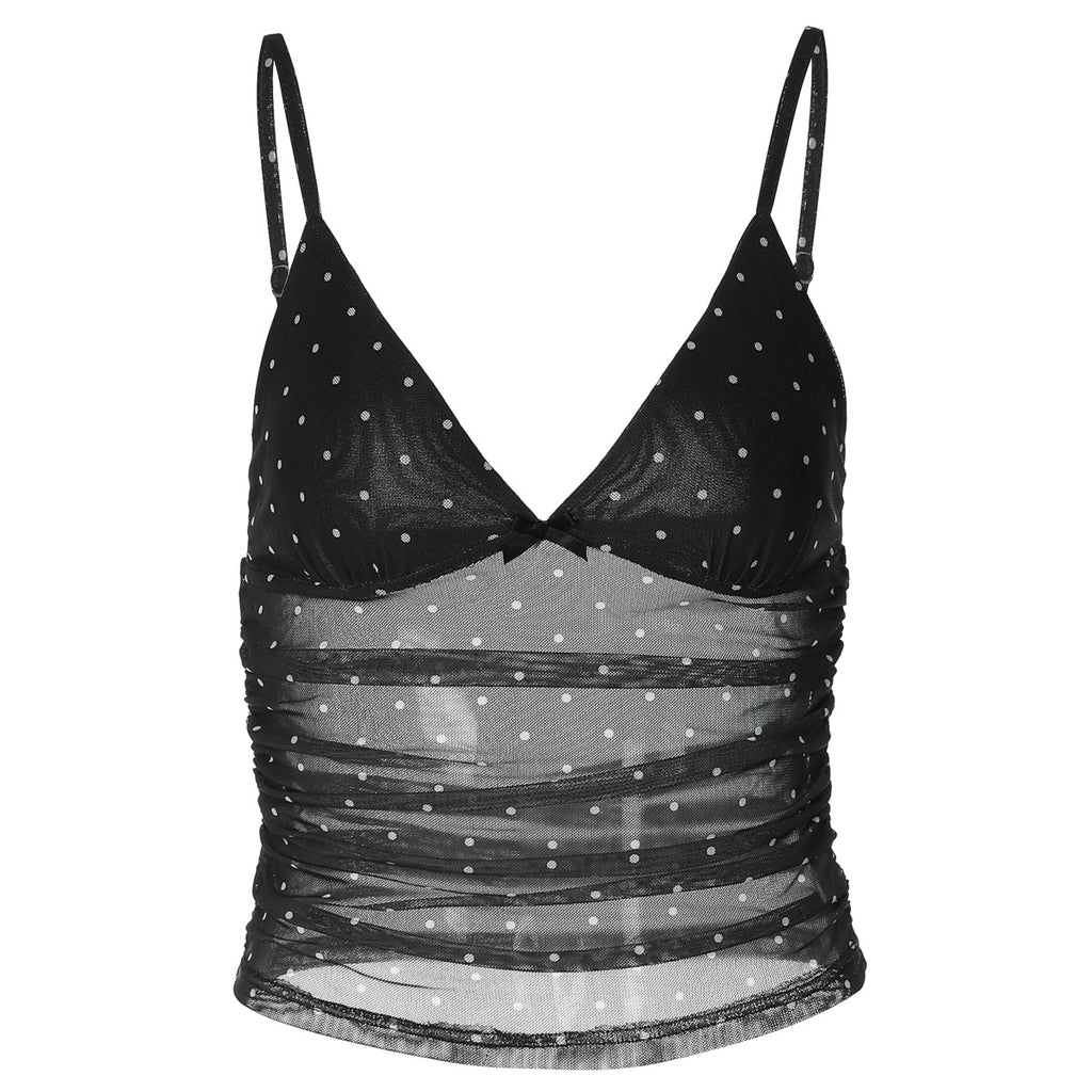 Sexy V neck Dot Mesh Patchwork Top Summer Slim Fit Slimming
