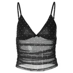 Sexy V neck Dot Mesh Patchwork Top Summer Slim Fit Slimming