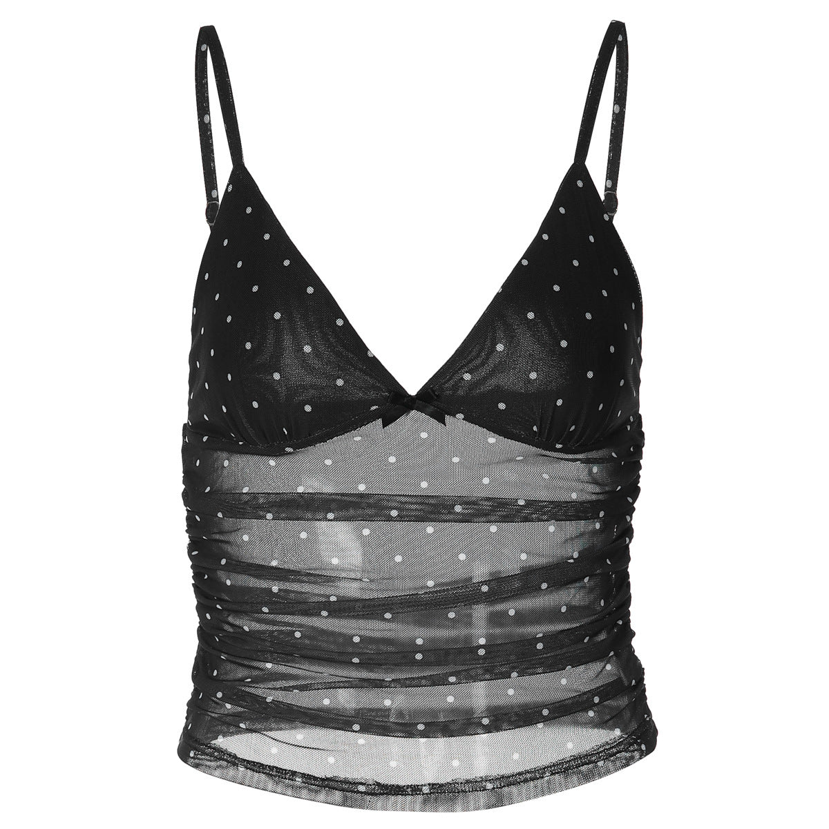 Sexy V neck Dot Mesh Patchwork Top Summer Slim Fit Slimming