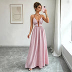 Pink striped halter maxi dress, V-neck bodice and gathered waist