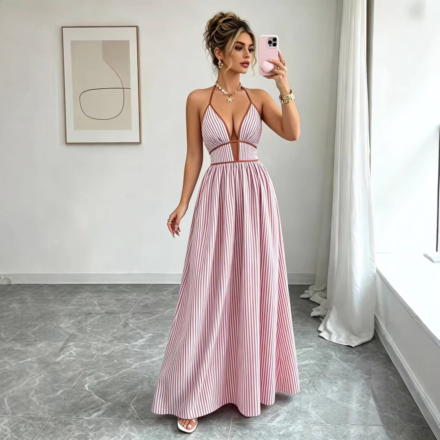 Pink striped halter maxi dress, V-neck bodice and gathered waist