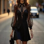 Women's Mesh Stitching Long Sleeves Neckline Strap Dress