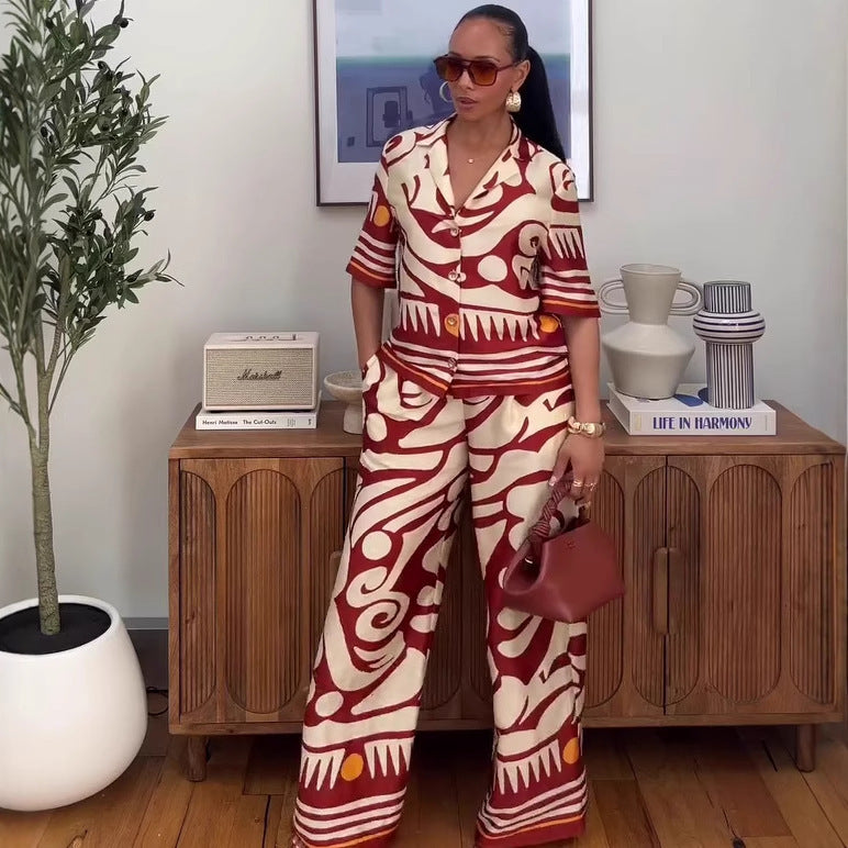 Women's Red Printed Shirt & Trousers Set