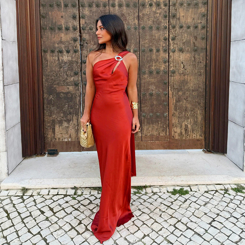 Women's Sexy Slit Mesh Stitching One Shoulder Dress Maxi Dress Women Autumn Clothing
