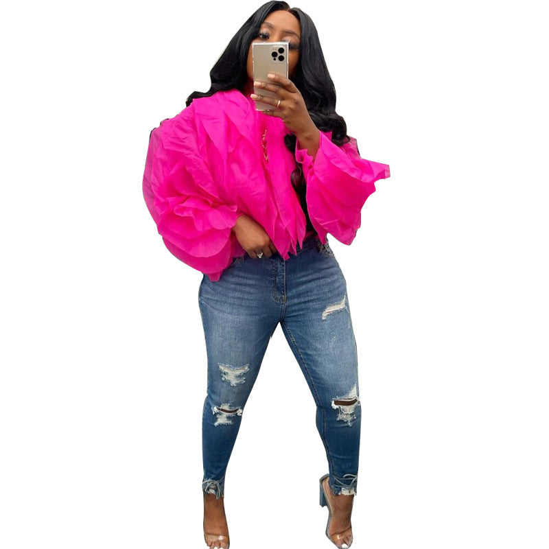 Women's Plus Size Layered Chiffon Puff Sleeve Top