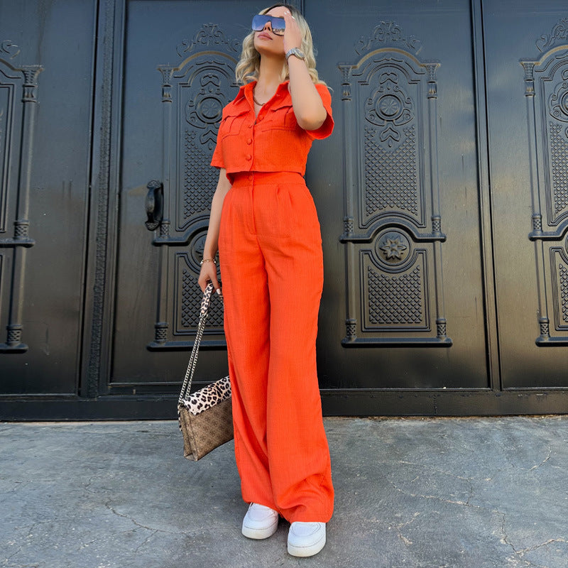 Women's Short Summer Cropped Short Sleeve Top Trousers Two Piece Set
