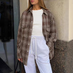 Plaid Shirt Women Retro Double Pocket Plaid Striped Mid