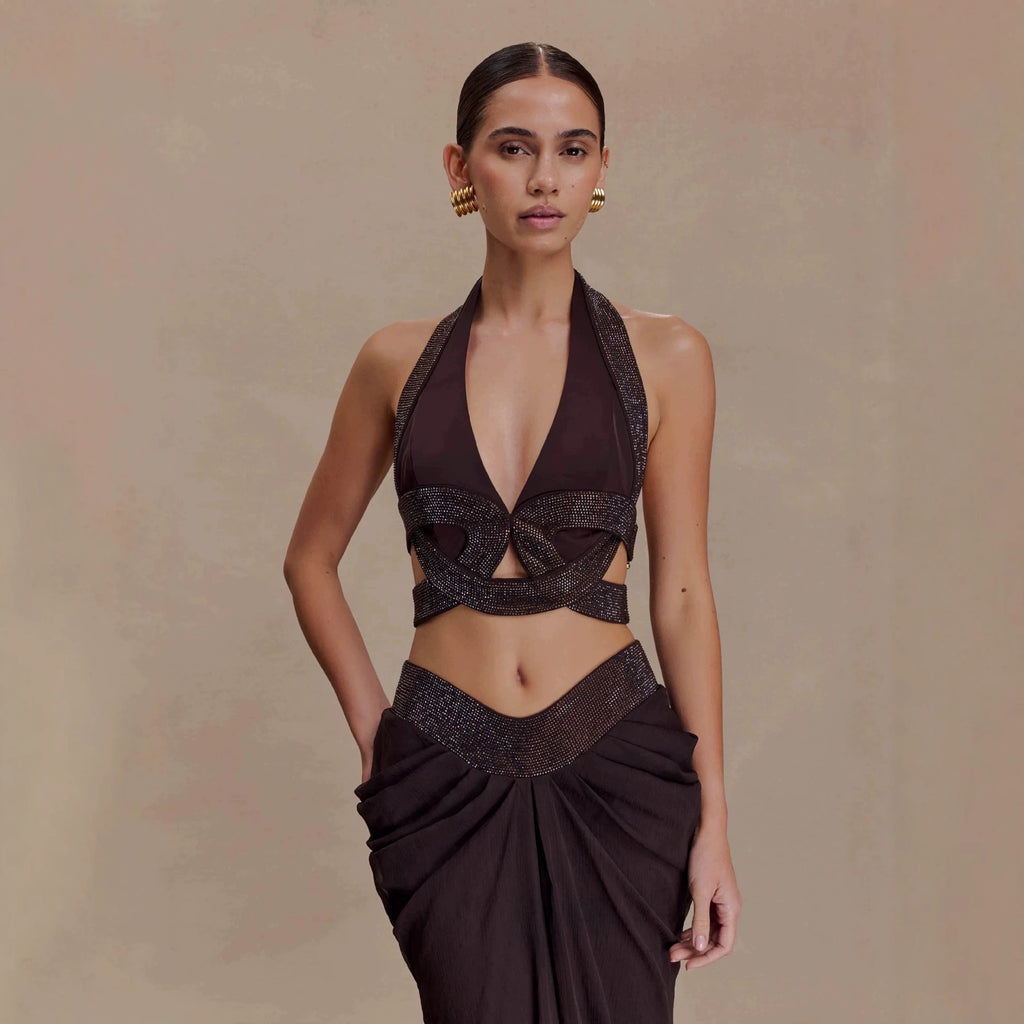 Women's Black Pleated Rhinestone Halter Maxi Dress