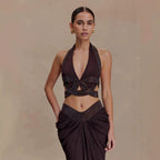 Women's Black Pleated Rhinestone Halter Maxi Dress
