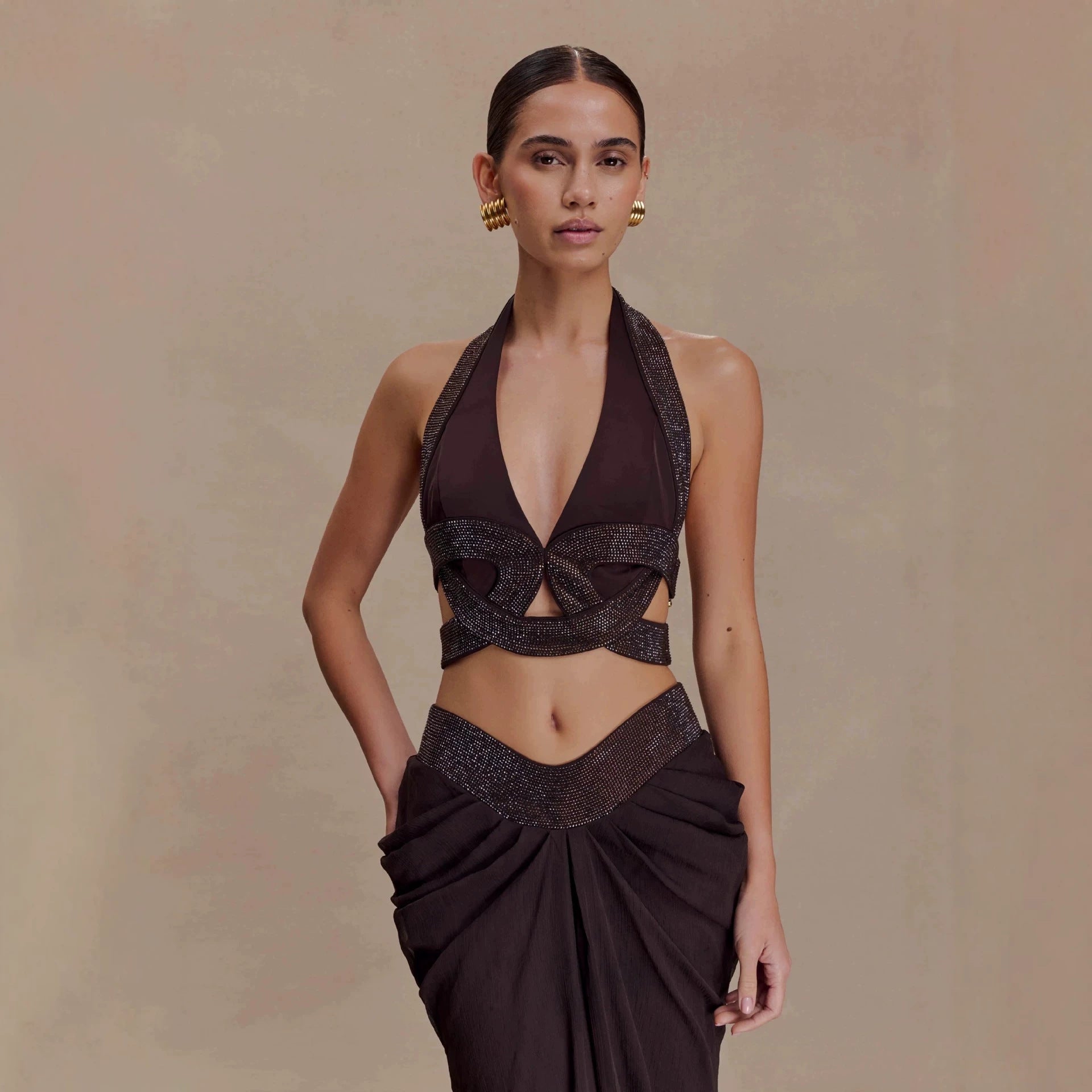Women's Black Pleated Rhinestone Halter Maxi Dress