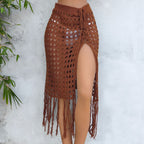 Women Clothing Sexy Cutout Woven Lace up Tassel Dress Split Beach Skirt