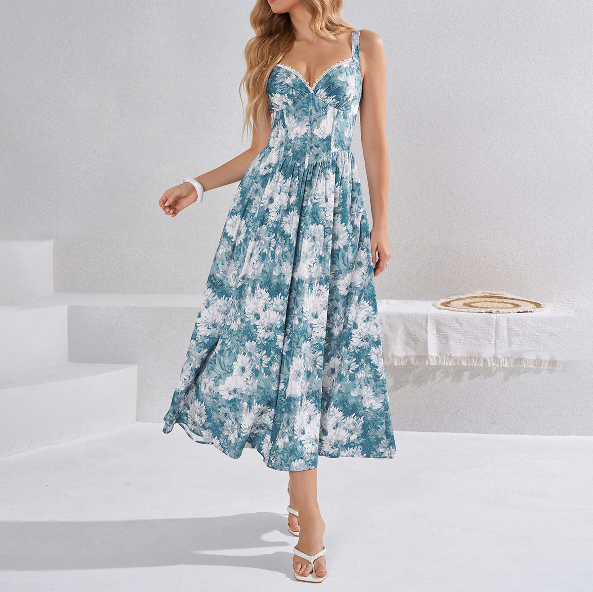 Summer Low Cut Sling Dress Printed Backless Waist Trimming Boning Corset Dress