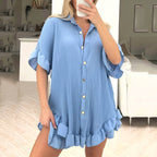 Women's Shorts Short-Sleeve Shirt Two-Piece Loose Pleated Wooden Ear Casual Sets