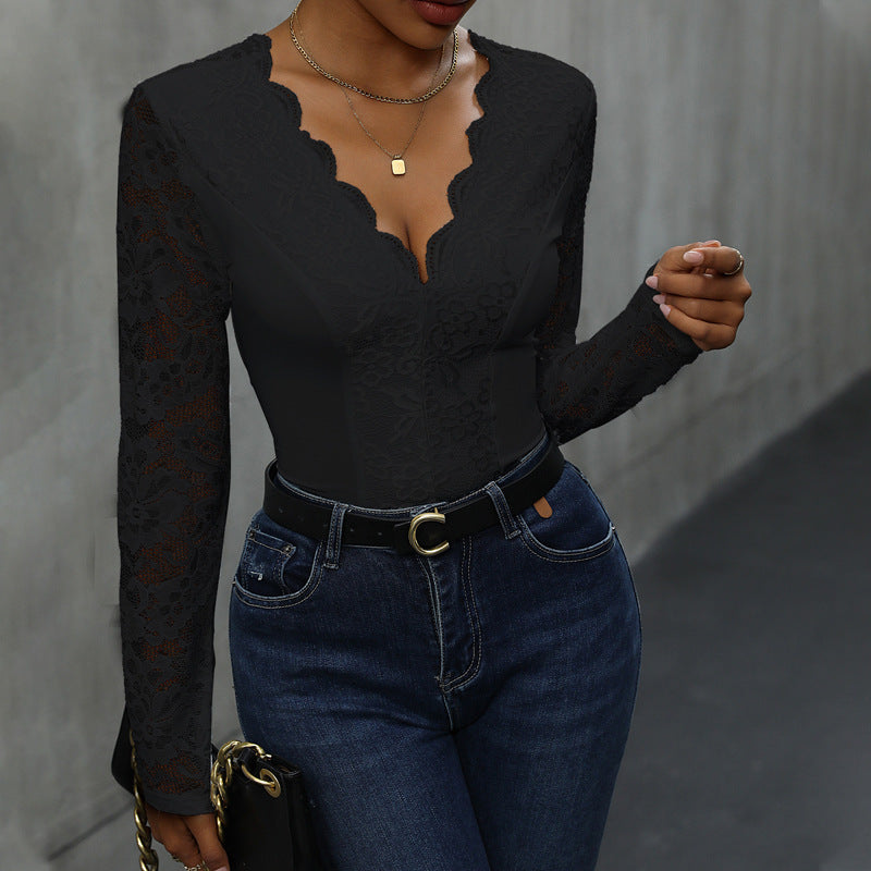 V Neck Long Sleeve Lace Jumpsuit